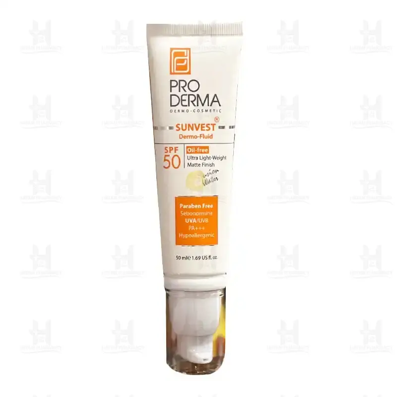 فلوئید ضد آفتاب فاقد چربی spf50 پرودرما مناسب پوست های چرب و جوش دار 50 میلی لیتر